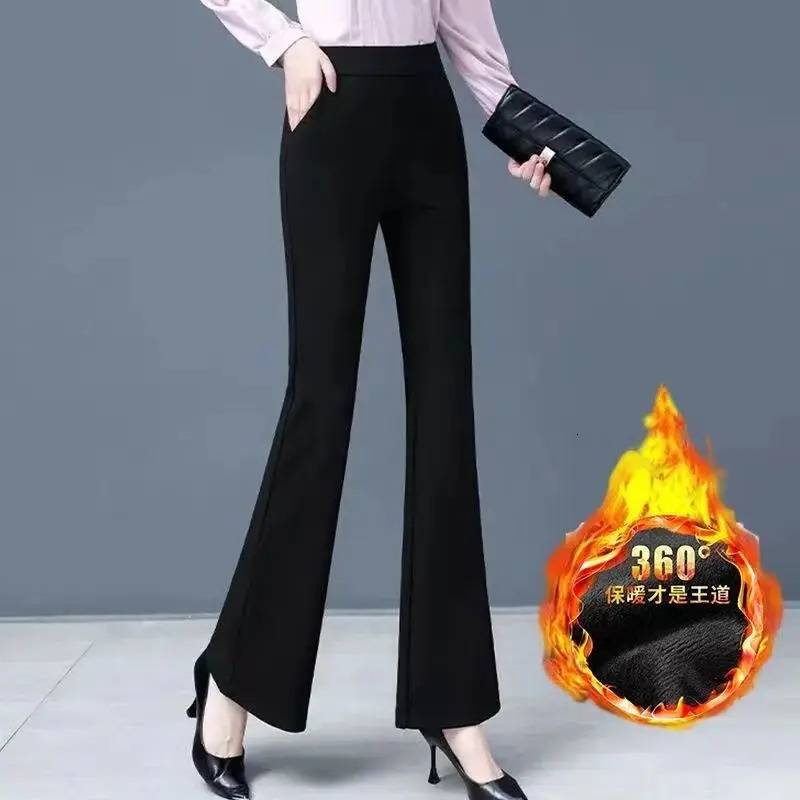 Autumn Winter Womens Korean Fashion Elegant Plush Thick Flare Pants Office Lady Black High Waist Slim Trousers Pantalones 241105
