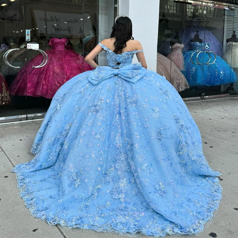 Sky Blue Shiny Quinceanera Dresses Lace Appliques Beads Tull Sweet 15 Prom Gown 2025 3D Flowers Ball Gowns Vestidos 15 De XV Anos