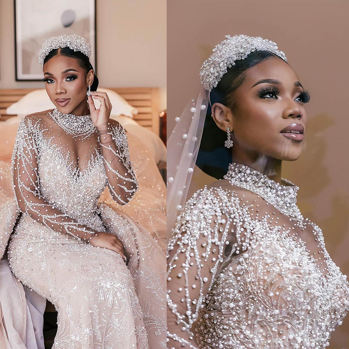 Sexy Mermaid Wedding Dress Beaded Pearls Crystal High Neck Bride Gowns Detachable Sweep Train Bridal Dresses Customized