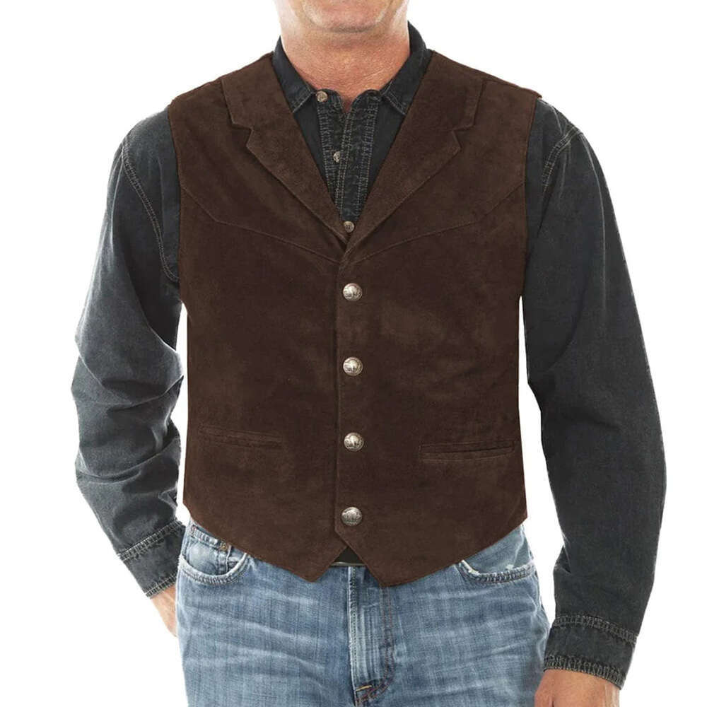 Suede Vest Notched Lapel Single-Breasted Coffee Color Mature Men's Clothing Sleeveless Jacket Vests Chaleco