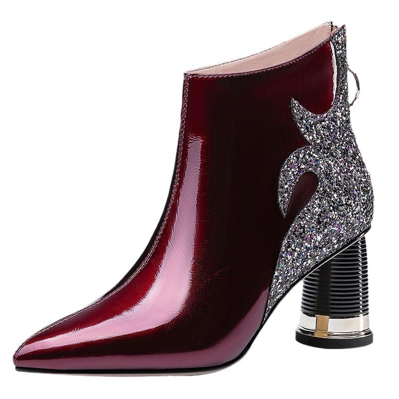 Autumn Winter Pointed Shiny Retro Embroidered Thick Heel Boots Size34-43.