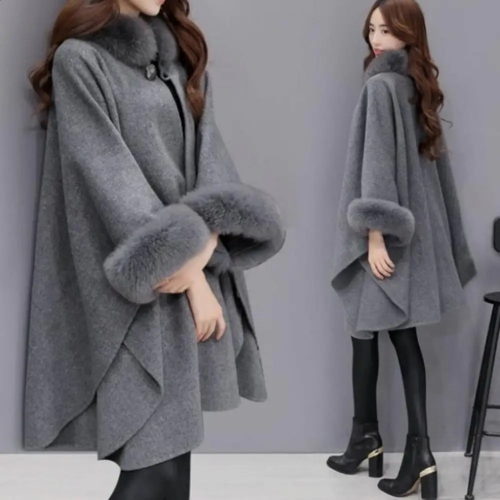 Ladies Cape Coat Solid Color Faux Fur Collar Autumn Winter Warm Loose Mid Length Poncho Jacket For Everyday Wear Bohemian Shawl 241105