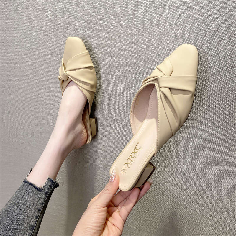 Korean Version Of Spring And Summer New Fashionable Soft Leather Toe Cap For Women Wearing Thick Heels, French Style Semi Slip, Mid Heel Fitting Shoes