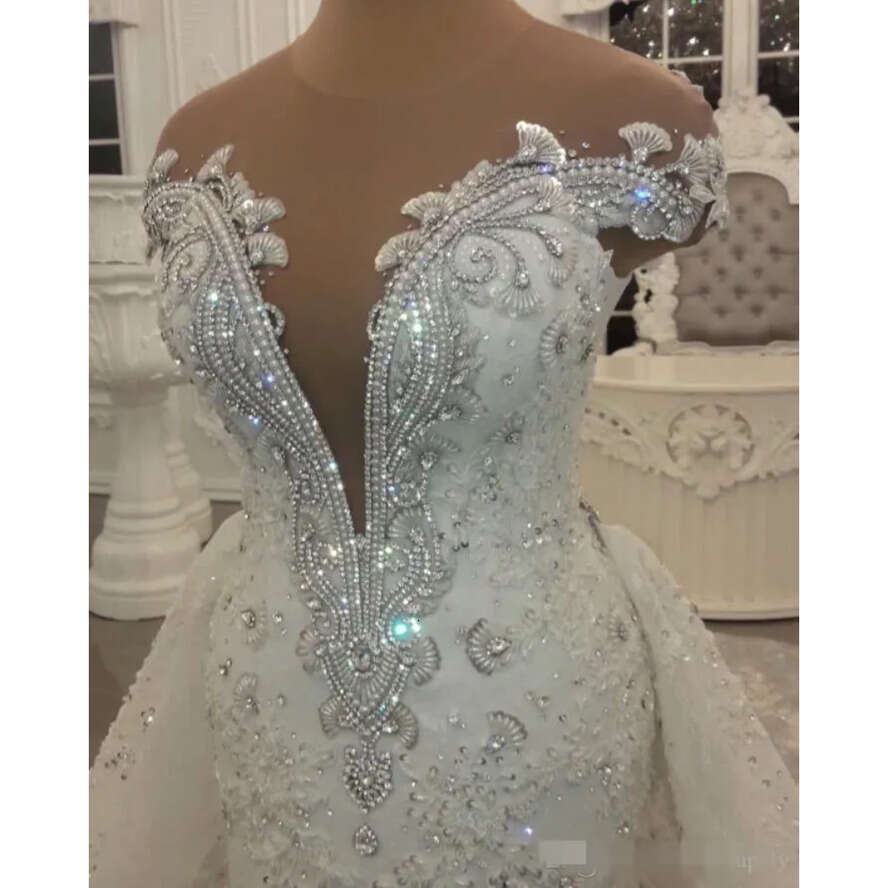 A E Mor Dresses Beading With Overskirt Pluning V Neck Sweep Train Lace Applique Custom Made Wedding Gown