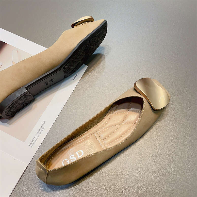 Shallow Mouth Women's Korean Version Spring New Item Metal Buckle Comfortable One Foot Cover Square Toe Flat Single Shoe Soft Sole Bean Shoes