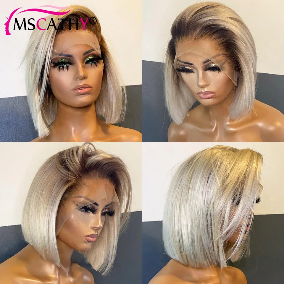 613 Blonde Lace Front Wigs For Women Short Bob Brazilian Human Hair Wig Brown Roots HD Transparent Lace Frontal Wigs Preplucked 241104