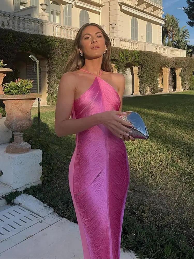 Casual Dresses Chic Tassel Patchwork Slit Halter Evening Dress Women Sexy Off Shoulder Sleeveless Long Female Fashion Party Vestidos
