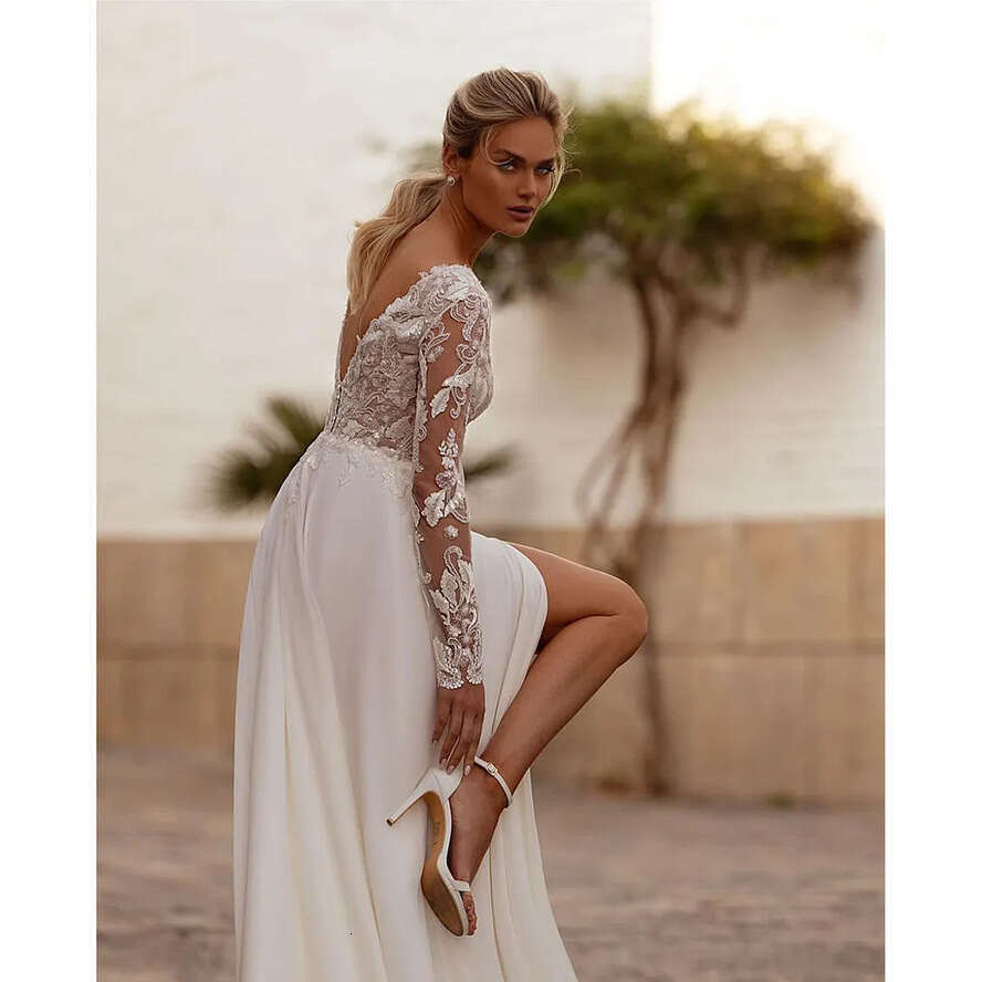 Sleeve Chiffon Long Ae Wedding Dress For Women Open Back Lace Boho V Neck Bridal Gown Robe De Soiree Mariage