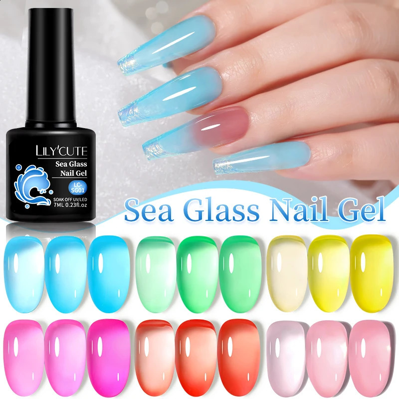 LILYCUTE 6Pcs 7ML Jelly Glass Gel Nail Polish Set Sea Blue Varnish Semi-transparent Nail Art Semi Permanent UV Gel Varnish 241105