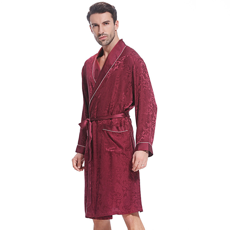 New designer spring and autumn long sleeved mulberry nightgown, fashionable high-end jacquard men's home clothing, bathrobe, silk gift
