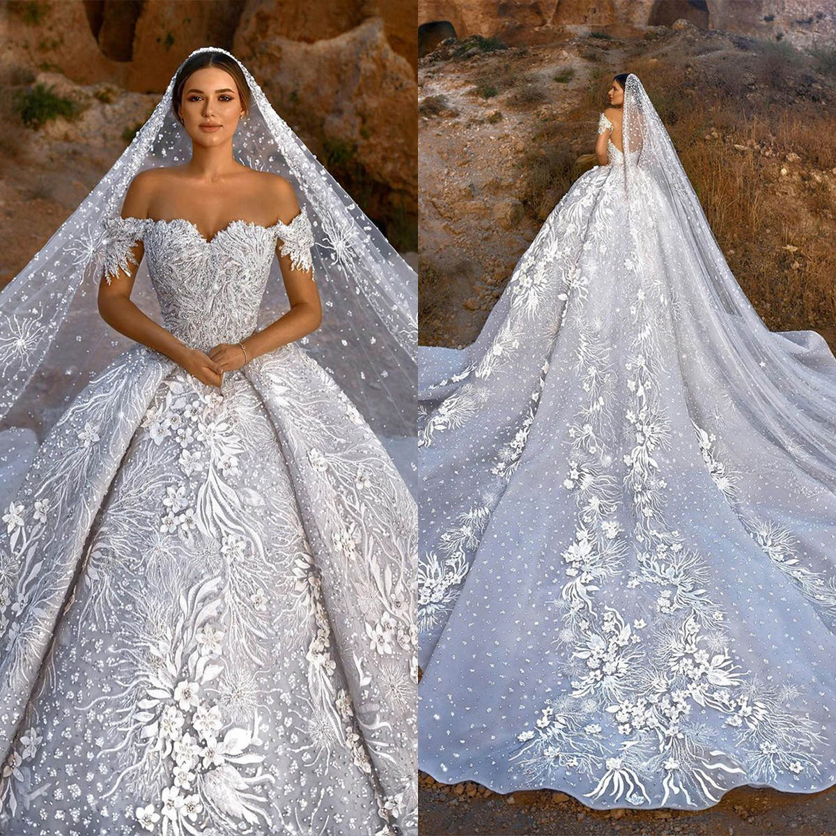 Vintage Wedding Dresses 3D Ral Appliques Off Shoulder Bride Ball Gown Lace Short Sleeves Bridal Dress Backless Customized Vestidos De Novia 0219
