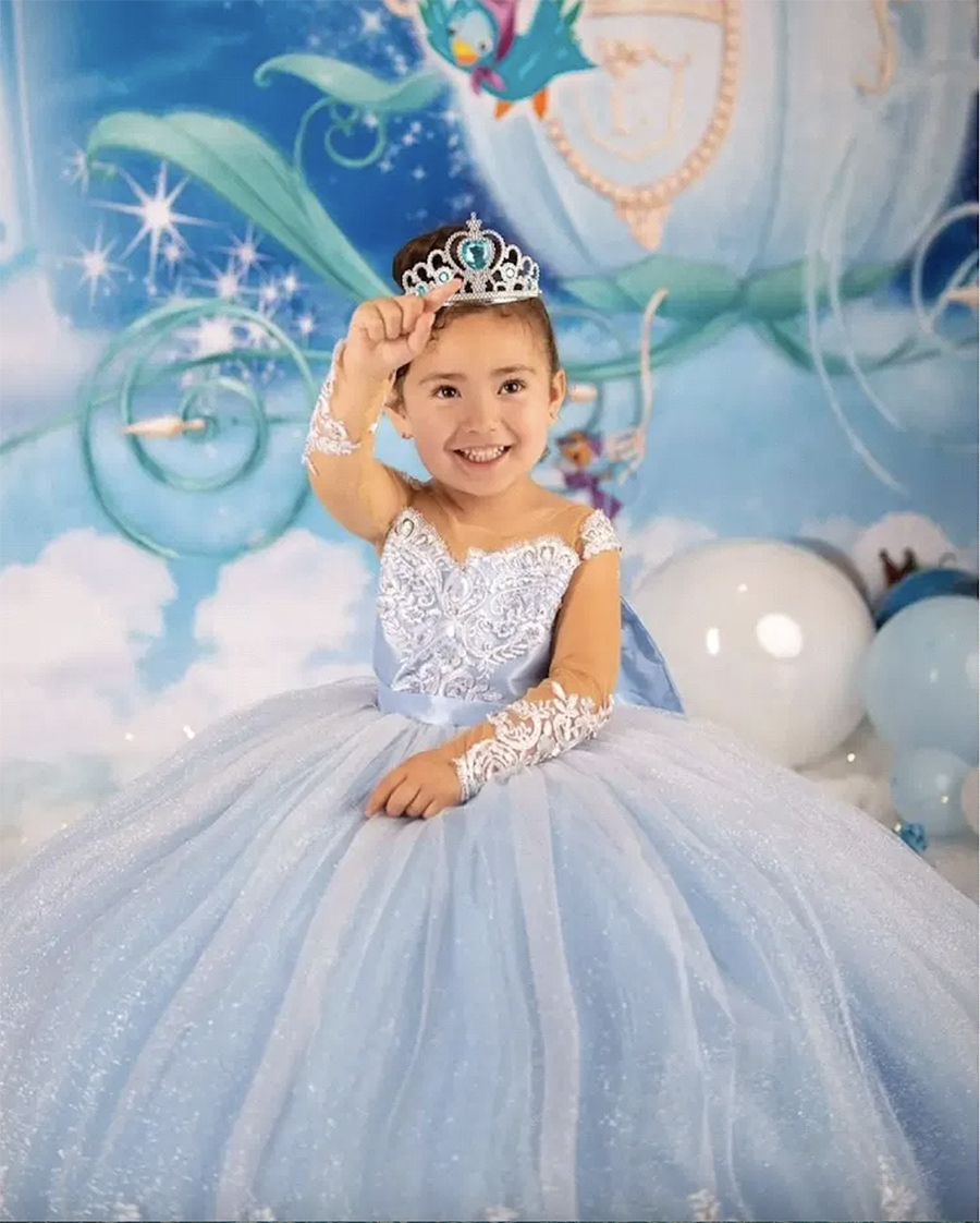 Princess Blue Flower Girl Dresses With Big Bow Sash A Line Crew Neck Sheer Sleeves Appliques Sequins Long Toddler Teens Pageant Party Gowns 0509