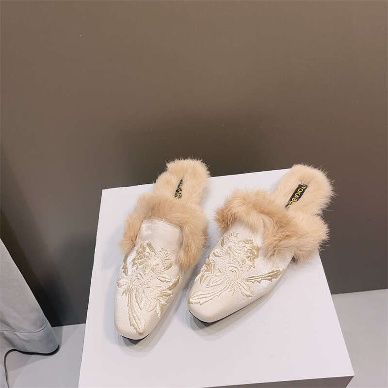 Korean Version Autumn Winter Simple Square Flat Bottom Hairy Shoes For Women With Soft Soles Plush Insulation, Featuring A Socialite Style Embroidered