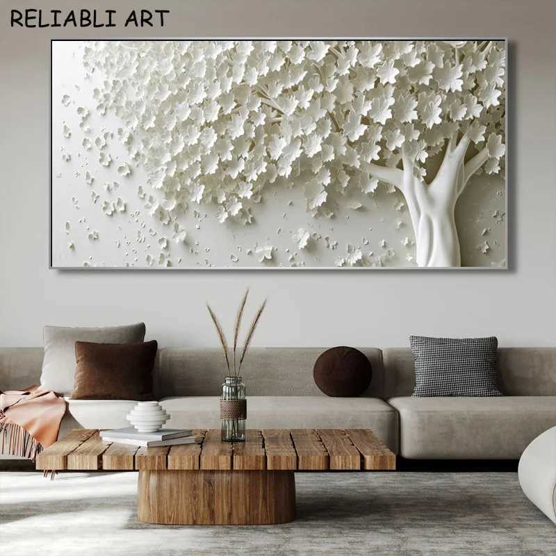 Golden White Flower Tree Poster and Prints Abstract Canvas Painting Wall Art Pictures for Living Room Home Decor No FrameXJ241104