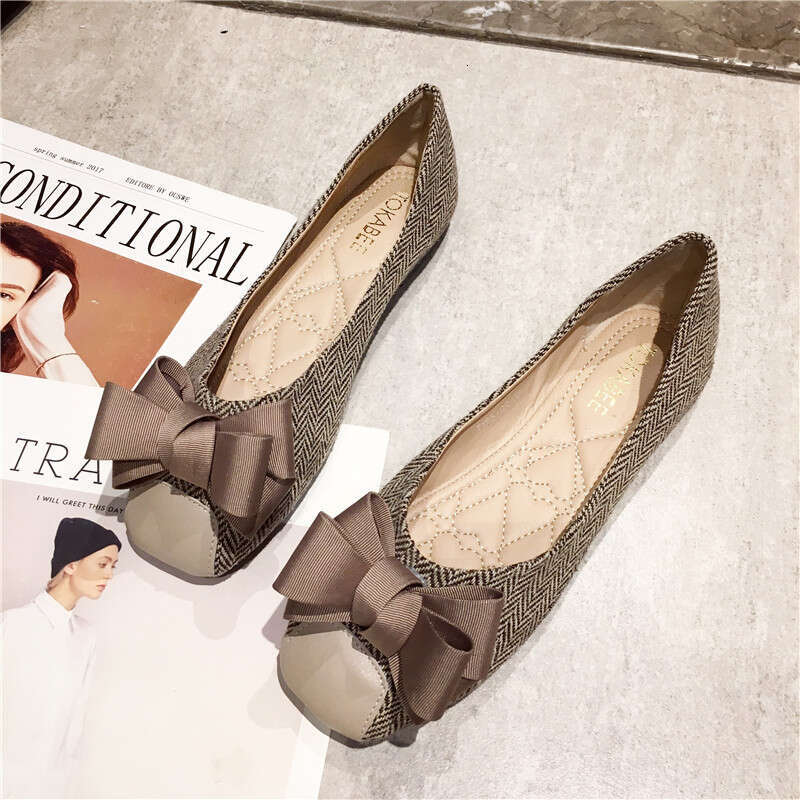 2023 Autumn New Versatile Butterfly Bow Square Head Flat Checkered Fabric Soft Soled Shallow Mouth Bean For Women, Single Shoes