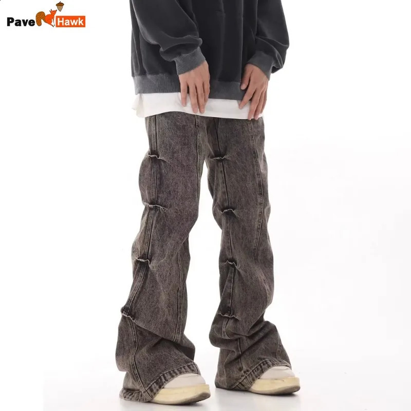 Vintage Pleated n Jeans Men Women Grey Distressed Wide Leg Pants American Style High Street Straight Baggy Korean Trousers 241105