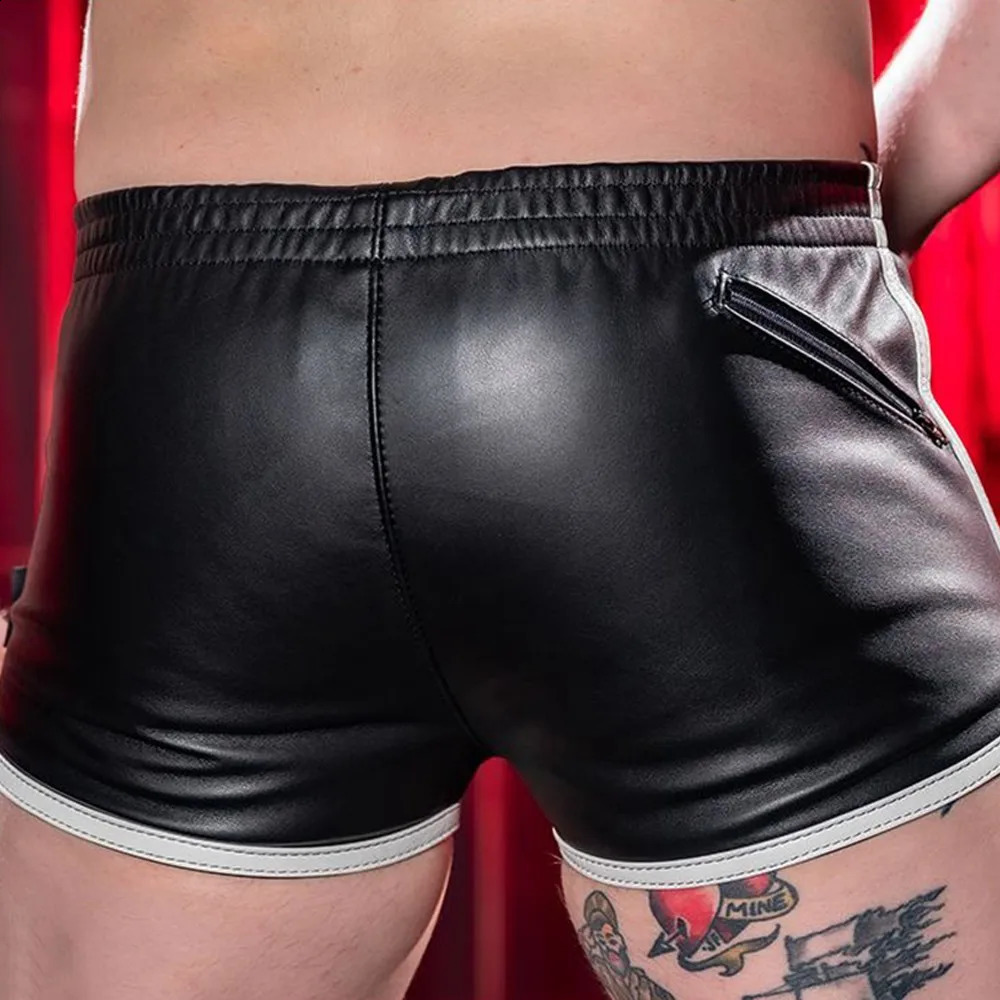 Male Faux Leather Gym Sports Shorts Retro Gay Adult Boxer Fetish Underwear Exotic Lingerie Elastic Sexy Underpant Mens Pants 241105