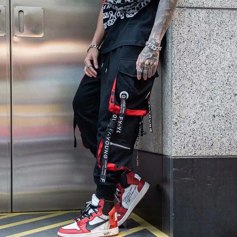 Mens Cargo Pants Casual Hip Hop Hit Color Multiple Pockets Trousers Streetwear Ribbons Techwear Sweatpants 241105