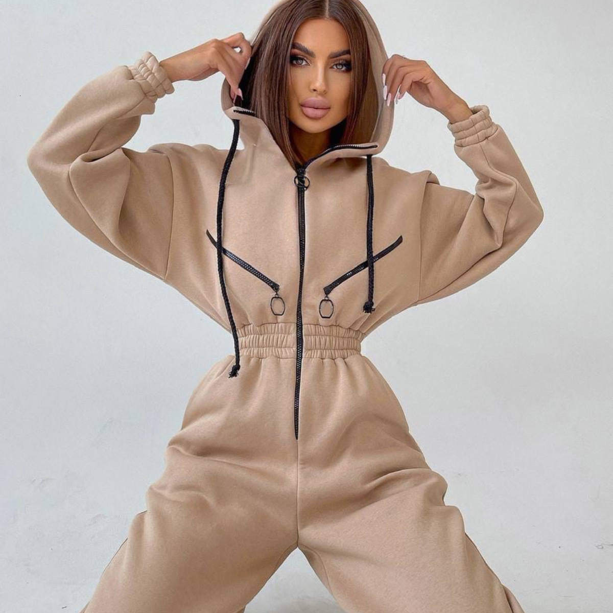 Autumn And Winter New Casual Women's Jumpsuit Solid Color Long-Sleeved Hooded Sportswear Zipper Tracuit For Female Tracuit