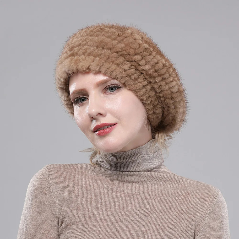 Real Mink Fur Berets Elegant Womens Winter Caps n Fashion Hats Knitted Warm Natural Beanies Hat 241105