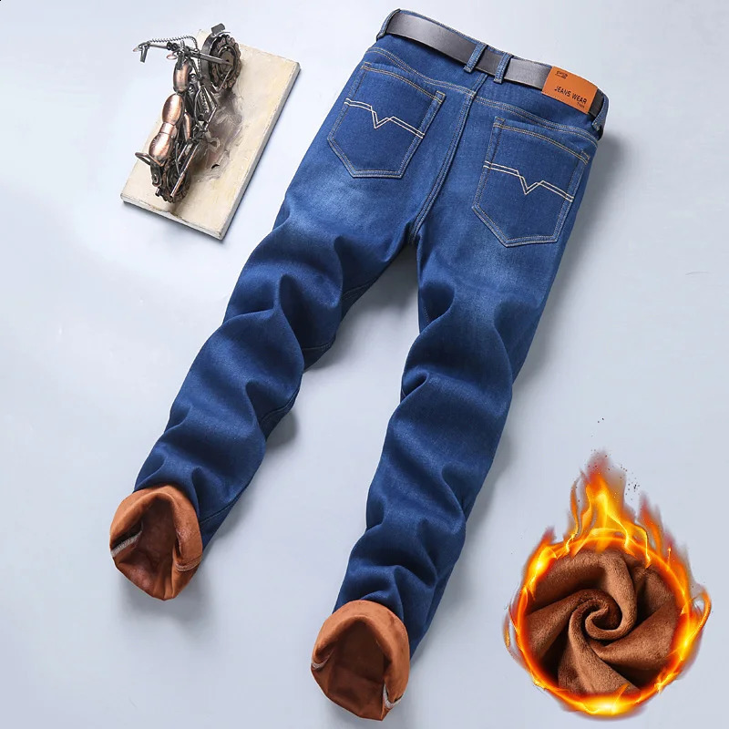 2024 Winter Casual Mens Warm Fleece Jeans Classic Style Business Thicken Fur Regular Fit Denim Pants Plush Trousers 241105