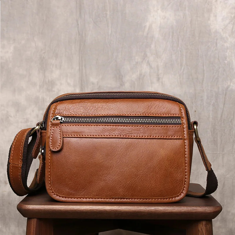 Summer Youth Horizontal Retro wearing top layer denim ten font phone bag mens leather casual simple shoulder bag 241105