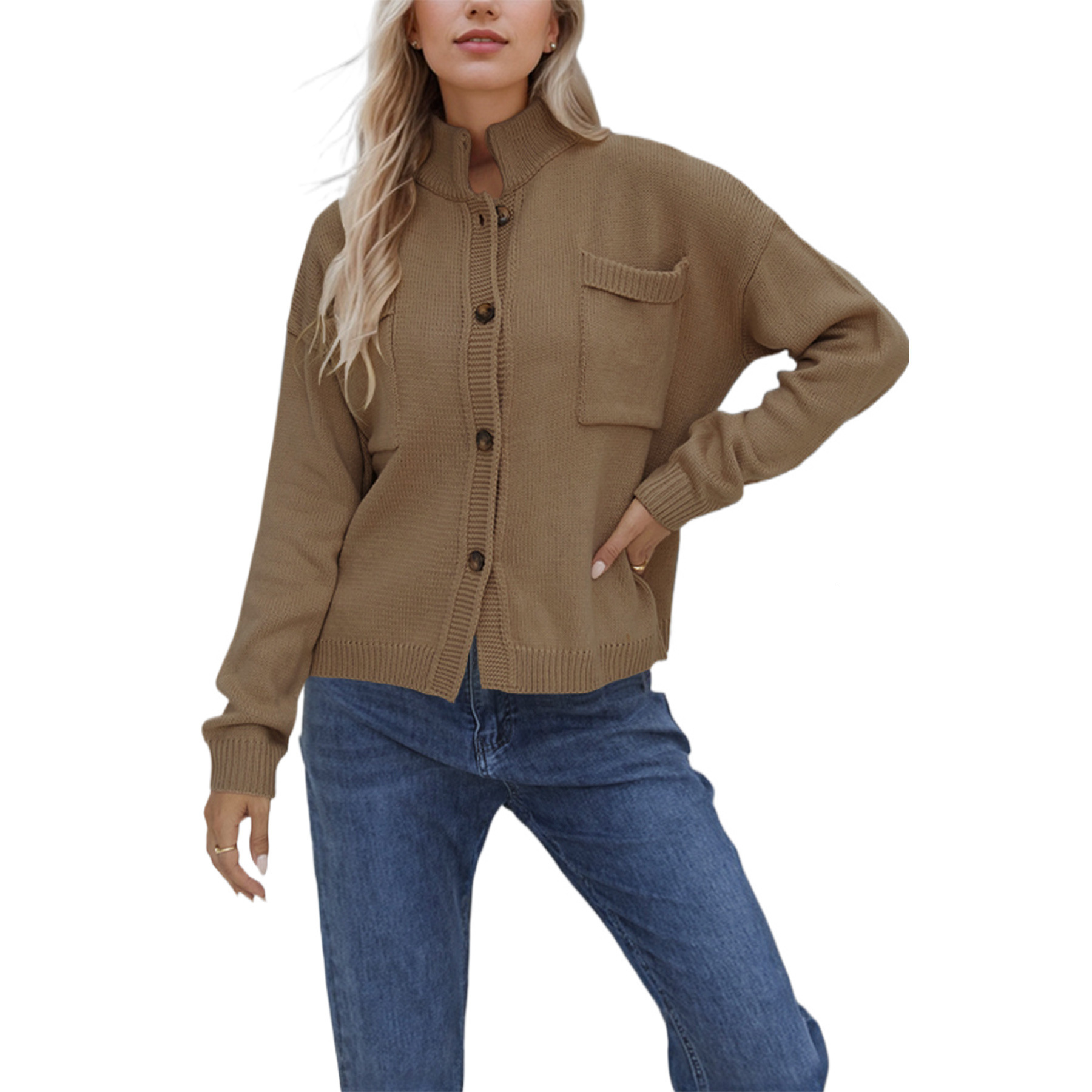 Knitted Jacket Stand Up Collar Large Sweater Solid Color Cardigan Women's New