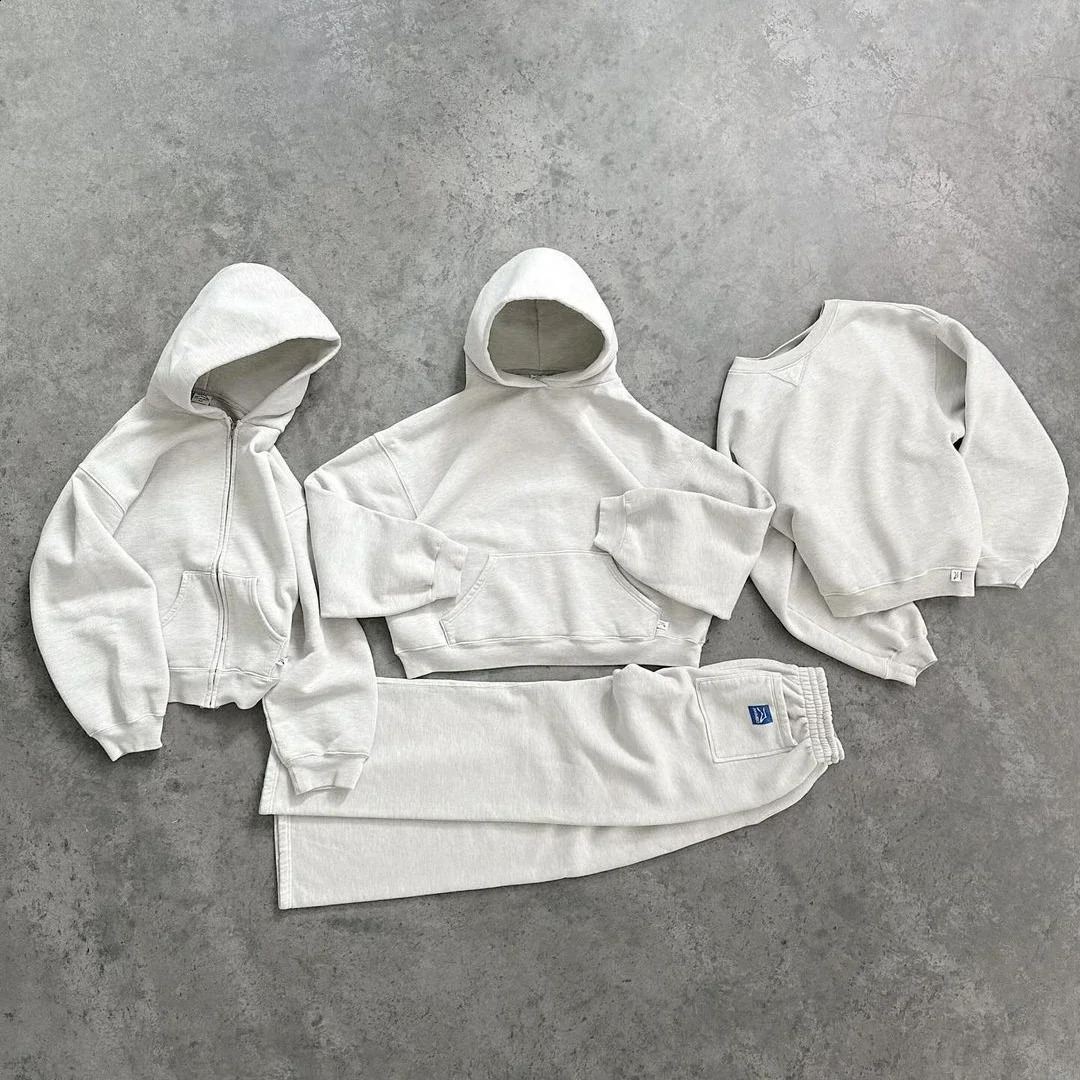 American style hooded twopiece set Y2K men street fashion sportswear women gray Harajuku loose sweatpants retro simple classic 241105