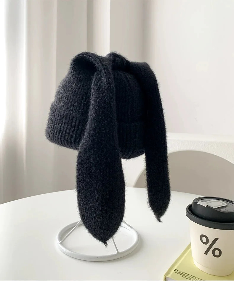 Winter Lovely Rabbit Long Ear Beanies for Girl Cute EarHats Women Solid Color Kawaii Skullies Student Hat Female 241105