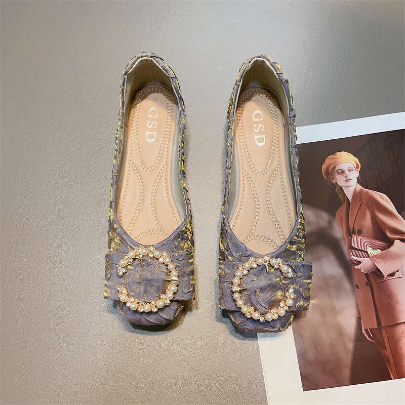 French Gentle Style Shallow Mouth Flat Single For Women, Korean Version, Spring And Summer New Items, Pearl Bow Square Toe Soft Sole Scoop Shoes