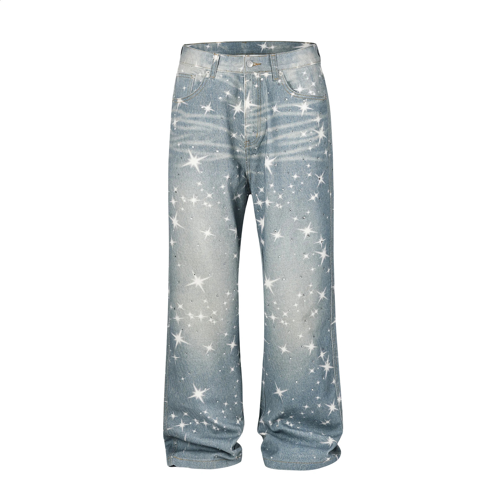 Stars Rhinestone Washed Blue Baggy Jeans Mens and Women Ropa Hombre Streetwear Solid Casual Denim Trousers Loose Cargo Pants 241105