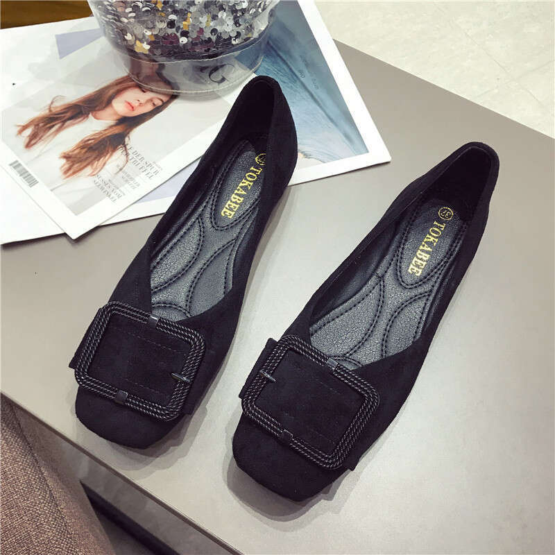 2023 Autumn New Versatile Buckle Square Toe Sole Single Suede Soft Soled Flat Heel Bean Women, Scoop Shoes For Women