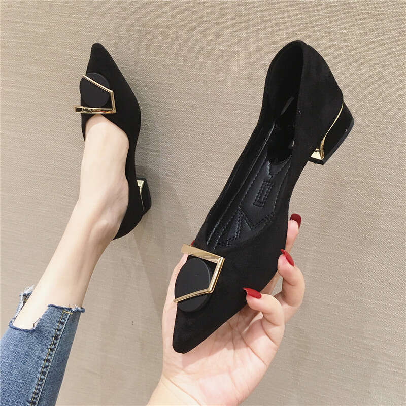 2023 Spring And Autumn New Versatile Pointed Metal Buckle Velvet Coarse Follow Up For Work Low Heel Women's Shoes Black