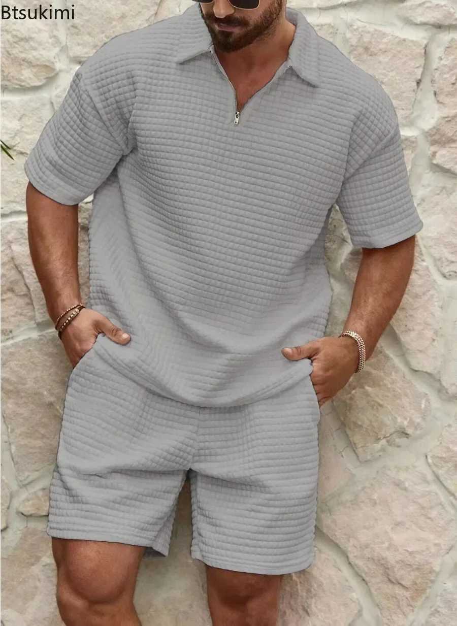 Mens Summer Wfle Casual Set Solid Smooth Loose Sports Set Half Zipper Short Sleeve Shirt Mens Track and Field Wear W241104