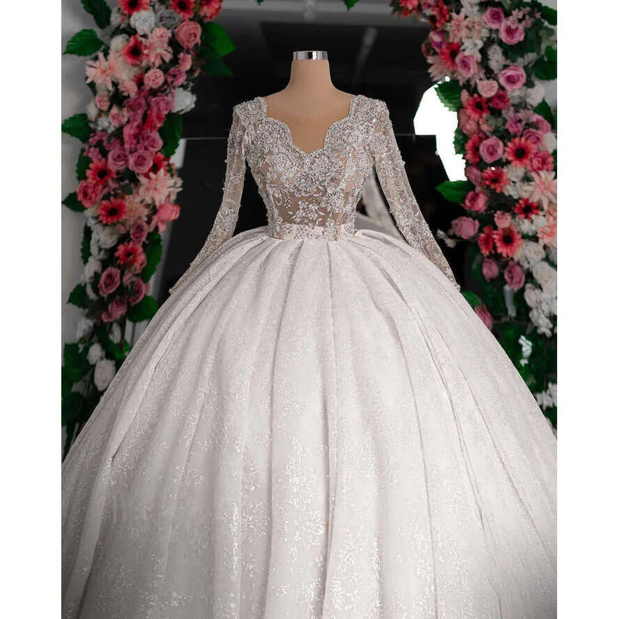 Wedding Elegant Dress Ball Gown O Neck Sequined Crystal Ruched Long Sleeve Or Length Bride Vestido De Noiva Custom Made