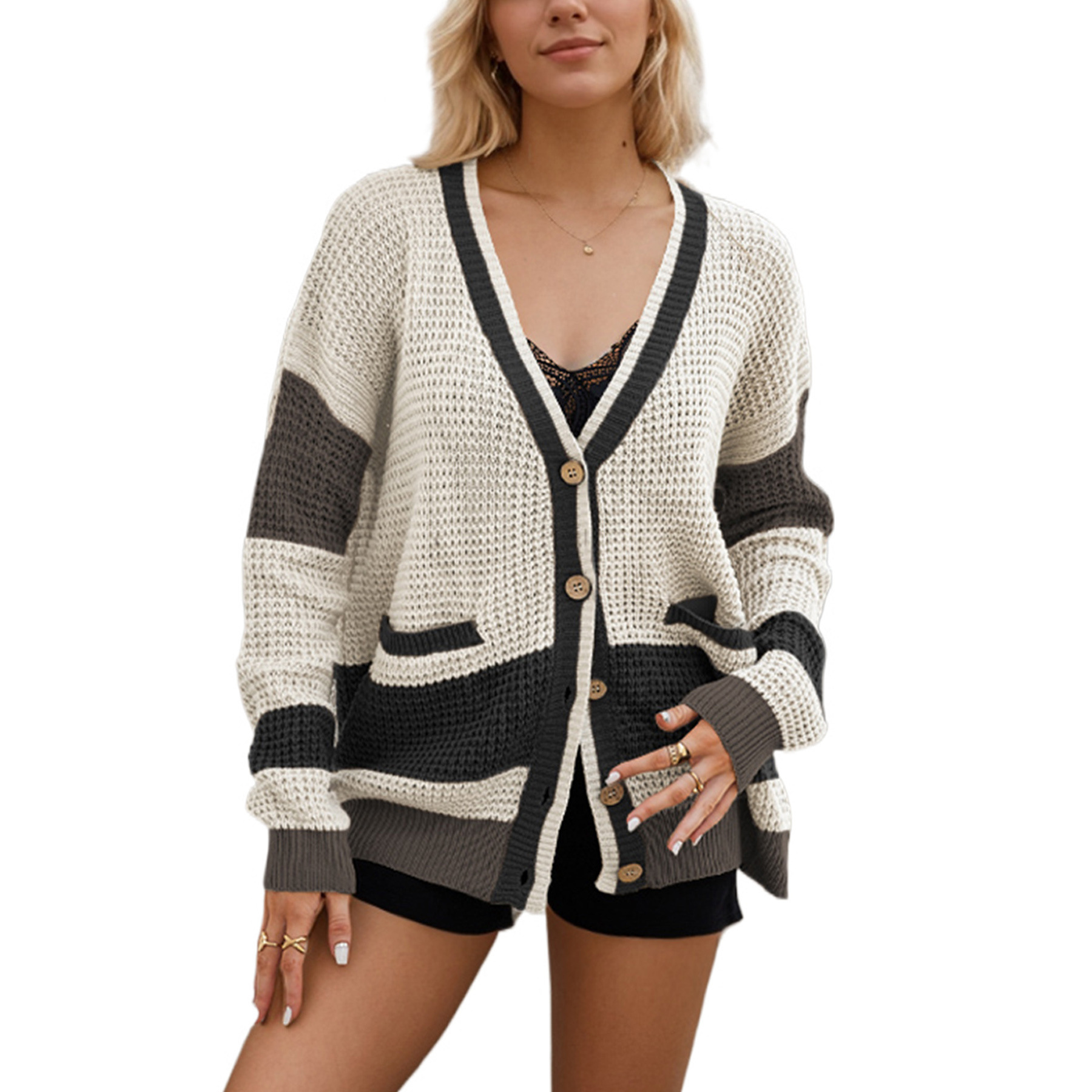 Women's New Autumn And Winter Knitted Jacket V-Neck Plus Size Pocket Color Blocked Cardigan Sweater For Women