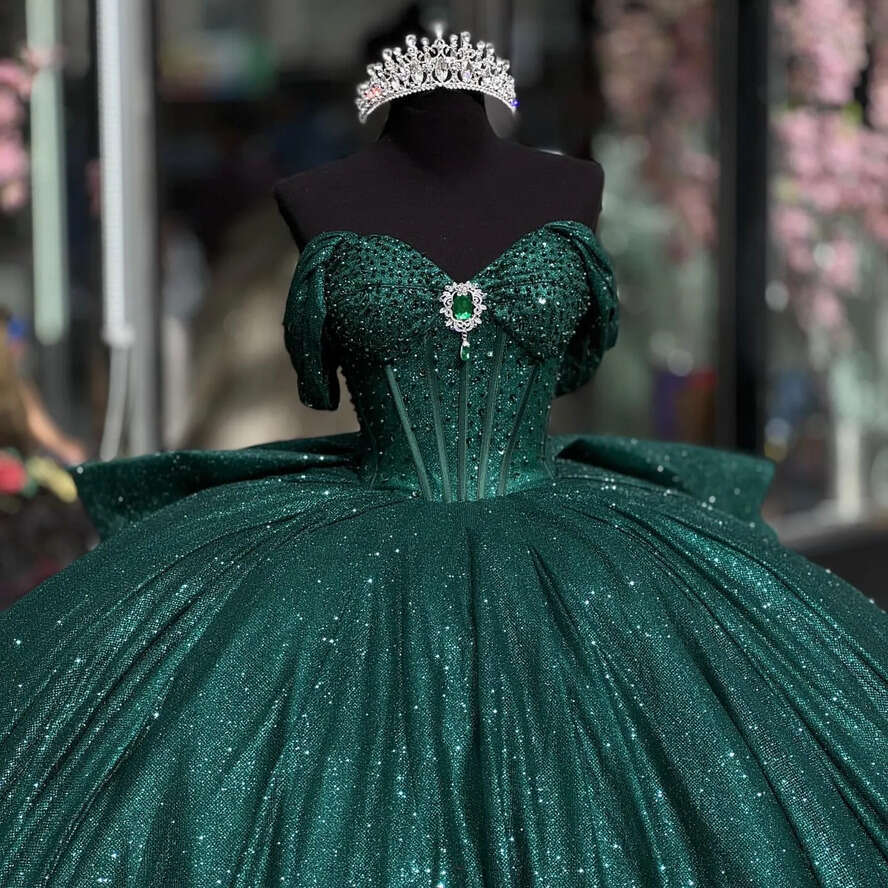 Dark Green Princess Dresses Ball Gown Off Shoulder Glitter Sequins Dia Vestido De Quinceanera Bodice Sweet Masquerade Dress