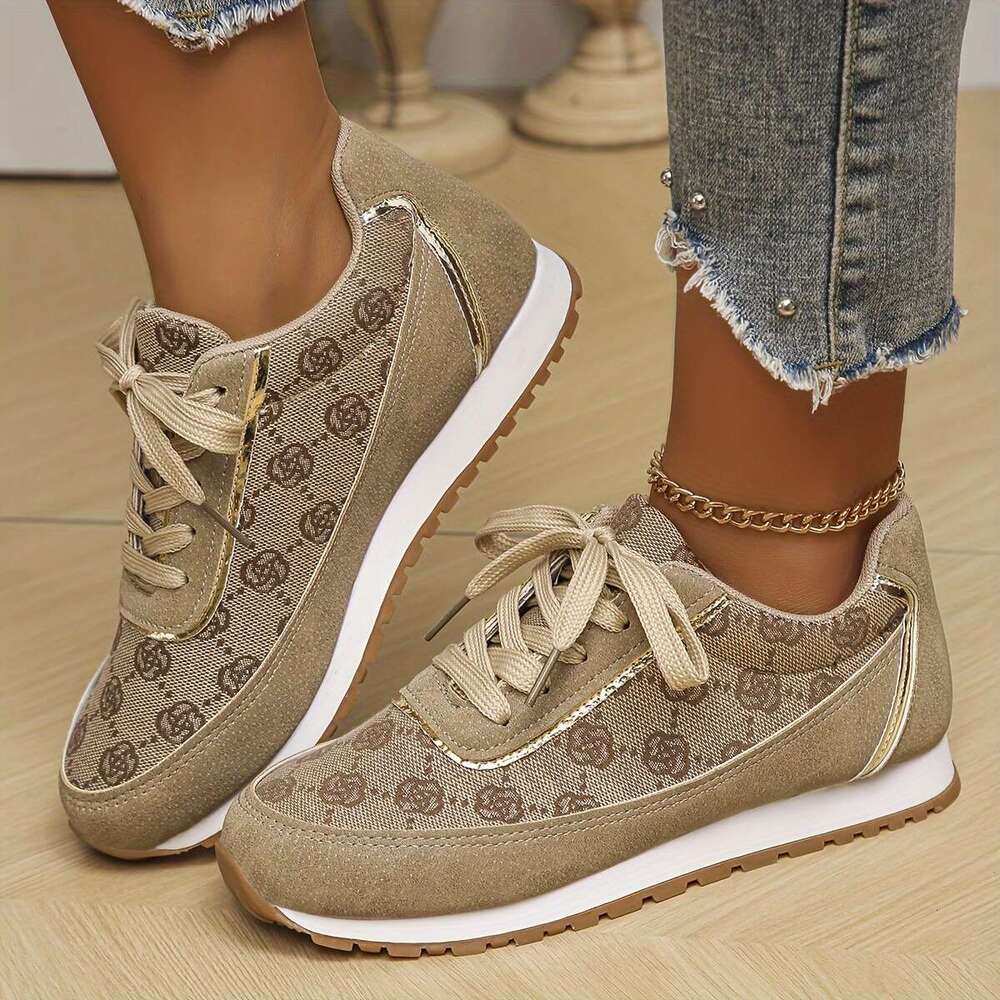 Rose Pattern Low Top Sneakers Breathable, Lace Up, Round Toe, Rubber Sole, Mesh Inner, Fabric Insole - All-Season, Casual, Outdoor Walking Shoes for W