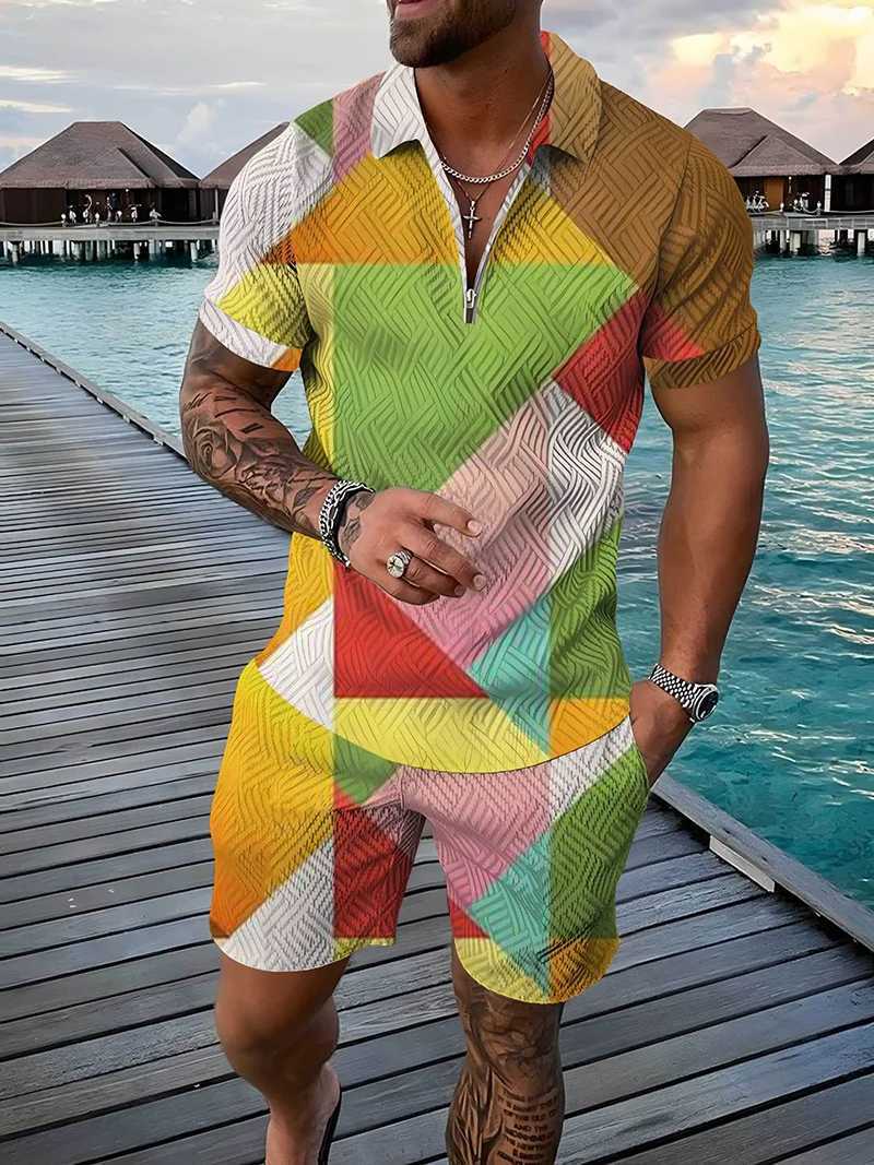 3D Color Geometry Print Mens Polo Shirt + Shorts Sets Fashion Zipper Polo Top 2 Piece Outfit Summer Trend Casual Loose Tee Suit W250609