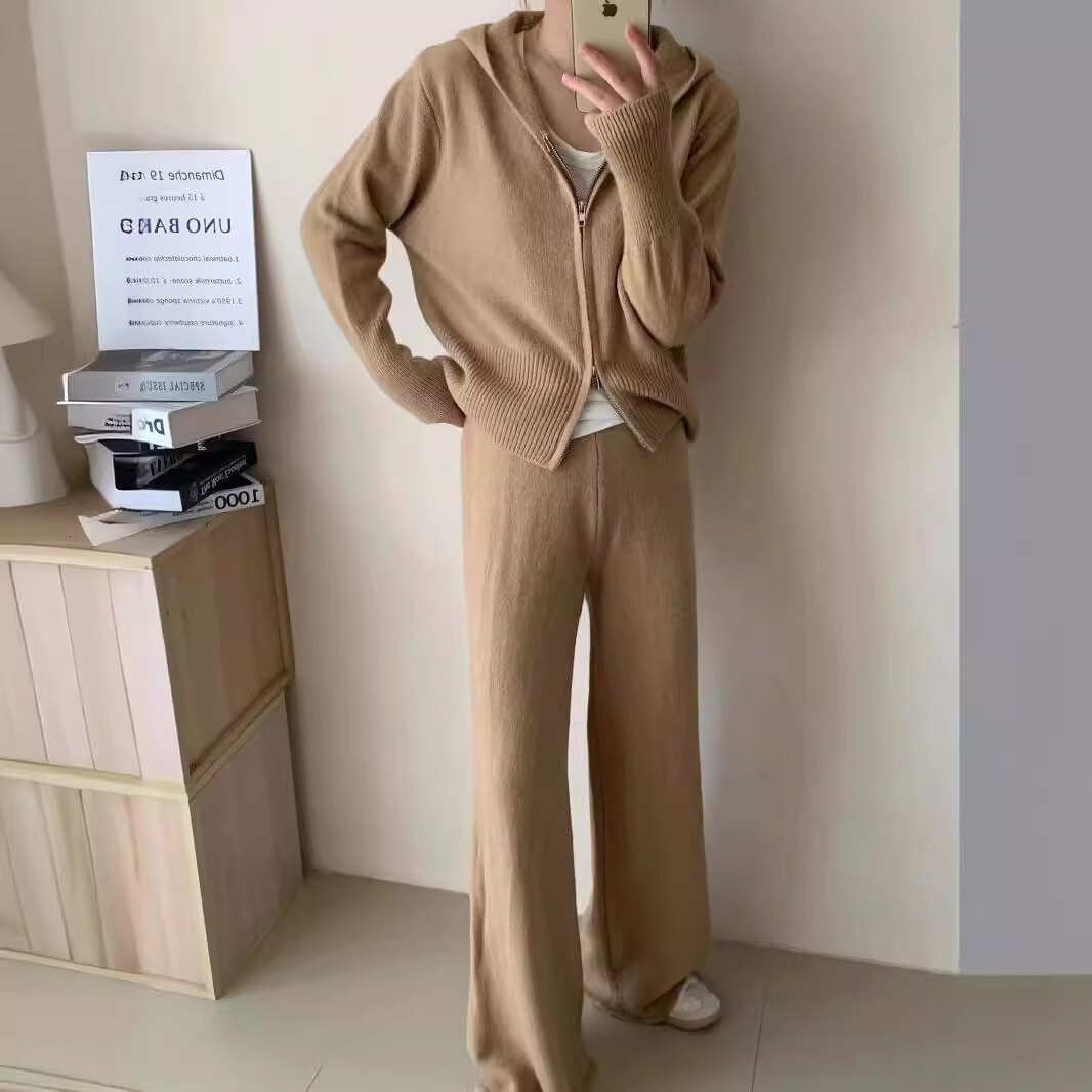 Korean Fashion Pants Fall And Winter Women's Casual Zipper Hooded Knitted Cardigan Loose Trousers 2Pcs Track Suit