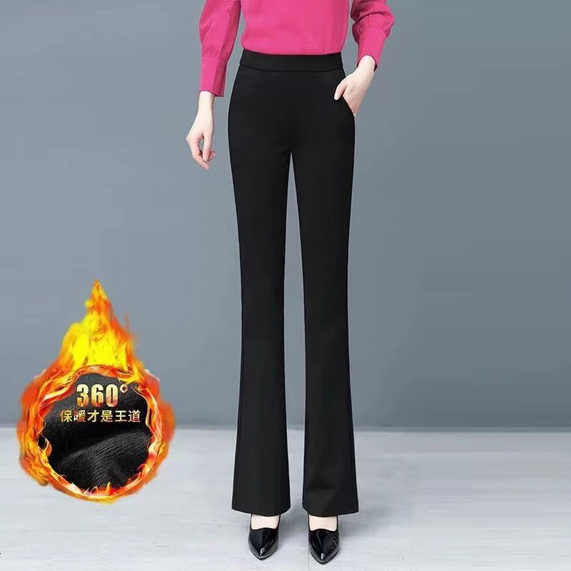 Autumn Winter Womens Korean Fashion Elegant Plush Thick Flare Pants Office Lady Black High Waist Slim Trousers Pantalones 241105