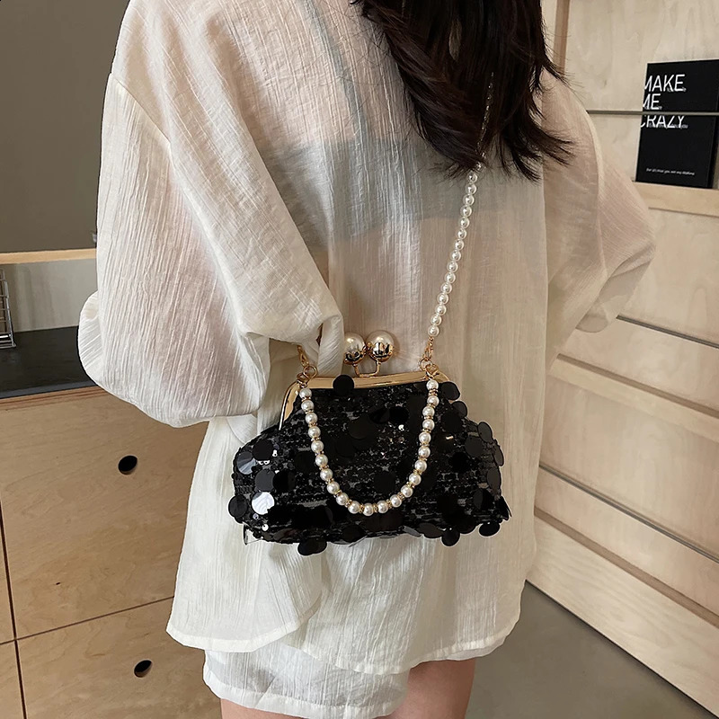 womens pearl chain bag niche sequin bag casual street shoulder cross body bag trend armpit bag 241105