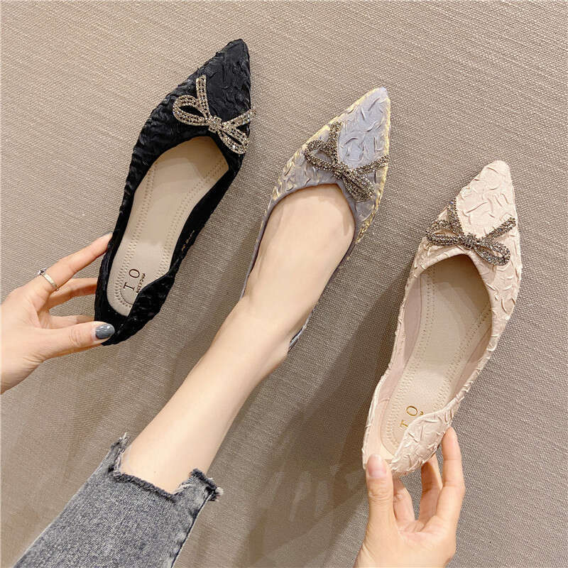2023 Spring New Bow Knot Shallow Mouth Square Head Flat Single Women, Comfortable Daily Soft Sole Bean Shoes For Women