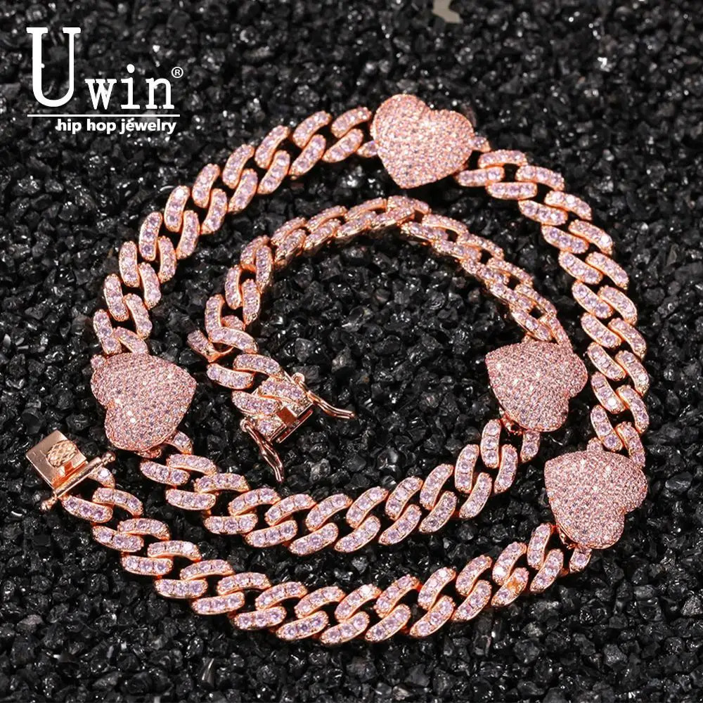 Uwin 9mm Cuban Link and heart-shaped pink Choker Cz punk Miami Link shiny hip-hop jewelry gift241105