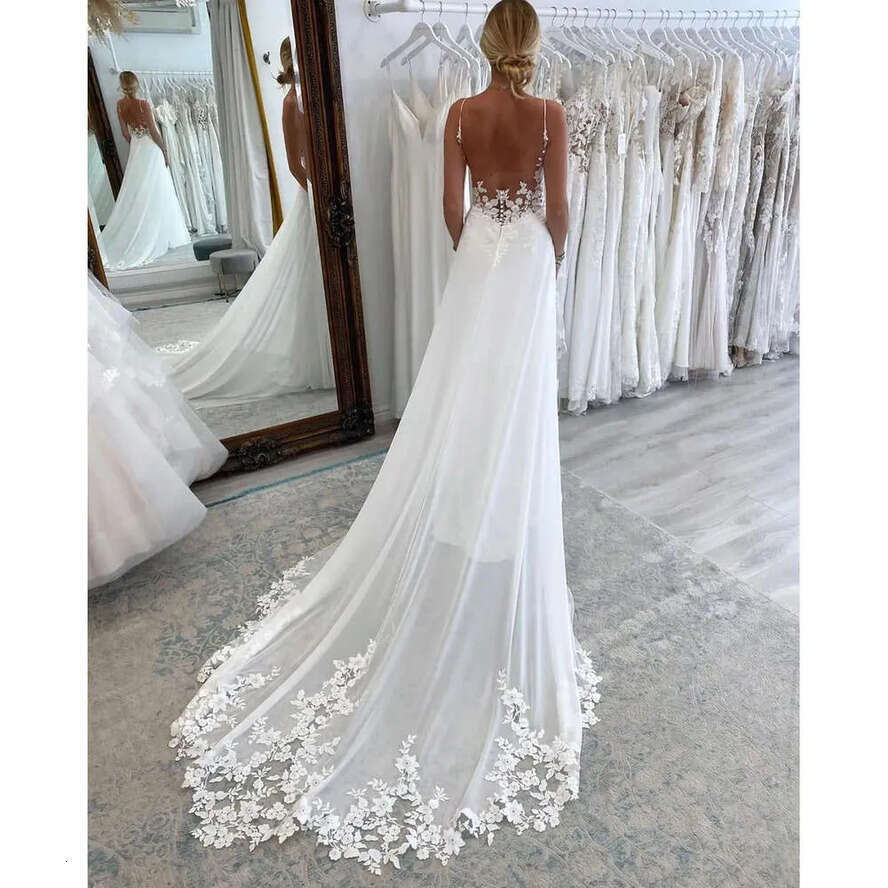Boho E A Lace Gorgeous Wedding Dresses Sexy New Spaghetti Straps Chiffon Appl Beach Long Bridal Gowns Open Back Robes De Mariage Bc Ppl