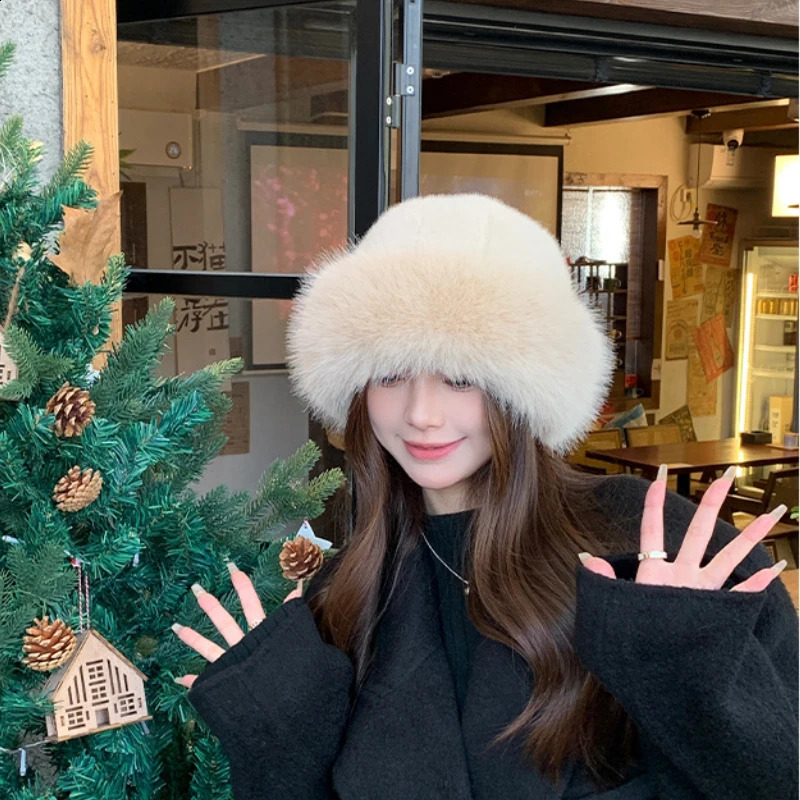 Women Fluffy Fur Fisherman Hat Winter Solid Plush Ear Protection Beanies Windproof Warm Headgear Fashion Female Panama Caps 241105