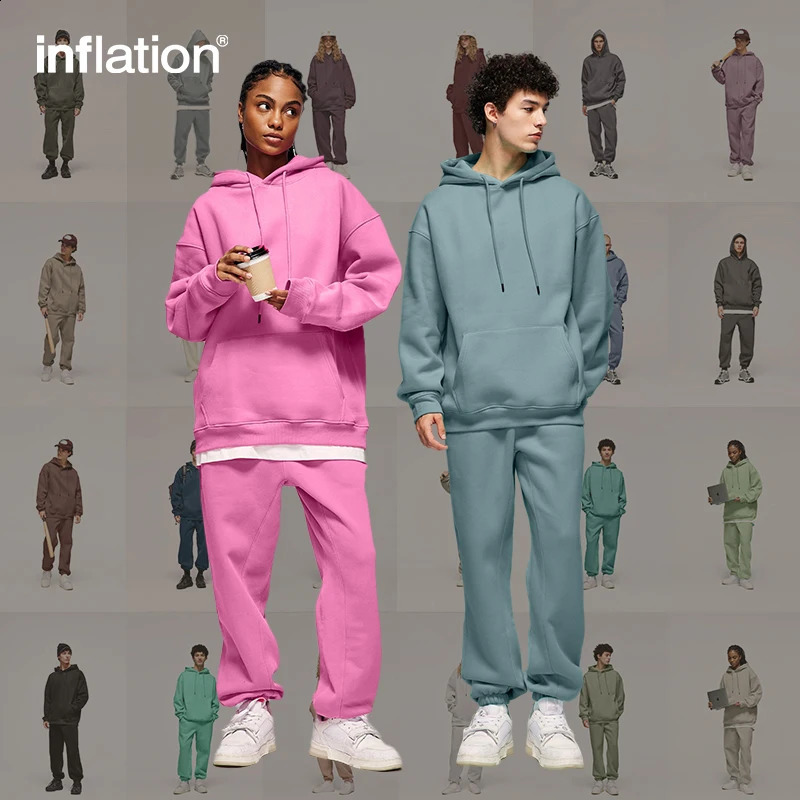 INFLATION Winter Thick Fleece Tracksuit Set Unisex Trendy Candy Color Jogging Suit Mens Matching Velvet Hoodies Set 241105
