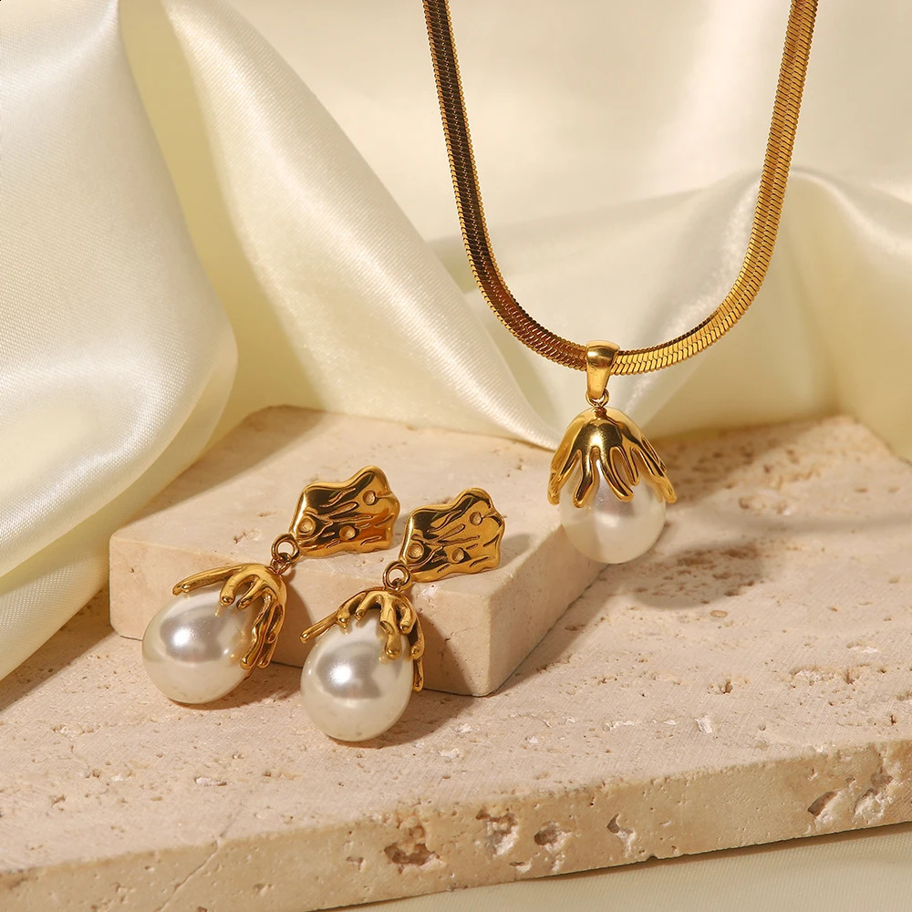 Youthway Exquisite Fashion Stainless Steel PVD Plated 18K Gold Baroque Drop Earrings Necklace Set Waterproof Jewelry Sets 241105