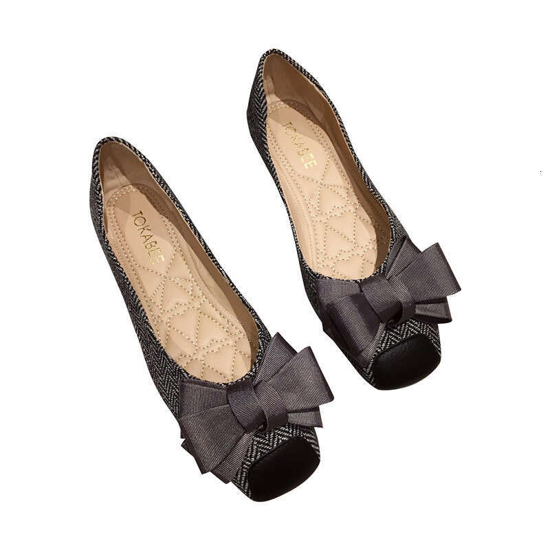 2023 Autumn New Versatile Butterfly Bow Square Head Flat Checkered Fabric Soft Soled Shallow Mouth Bean For Women, Single Shoes