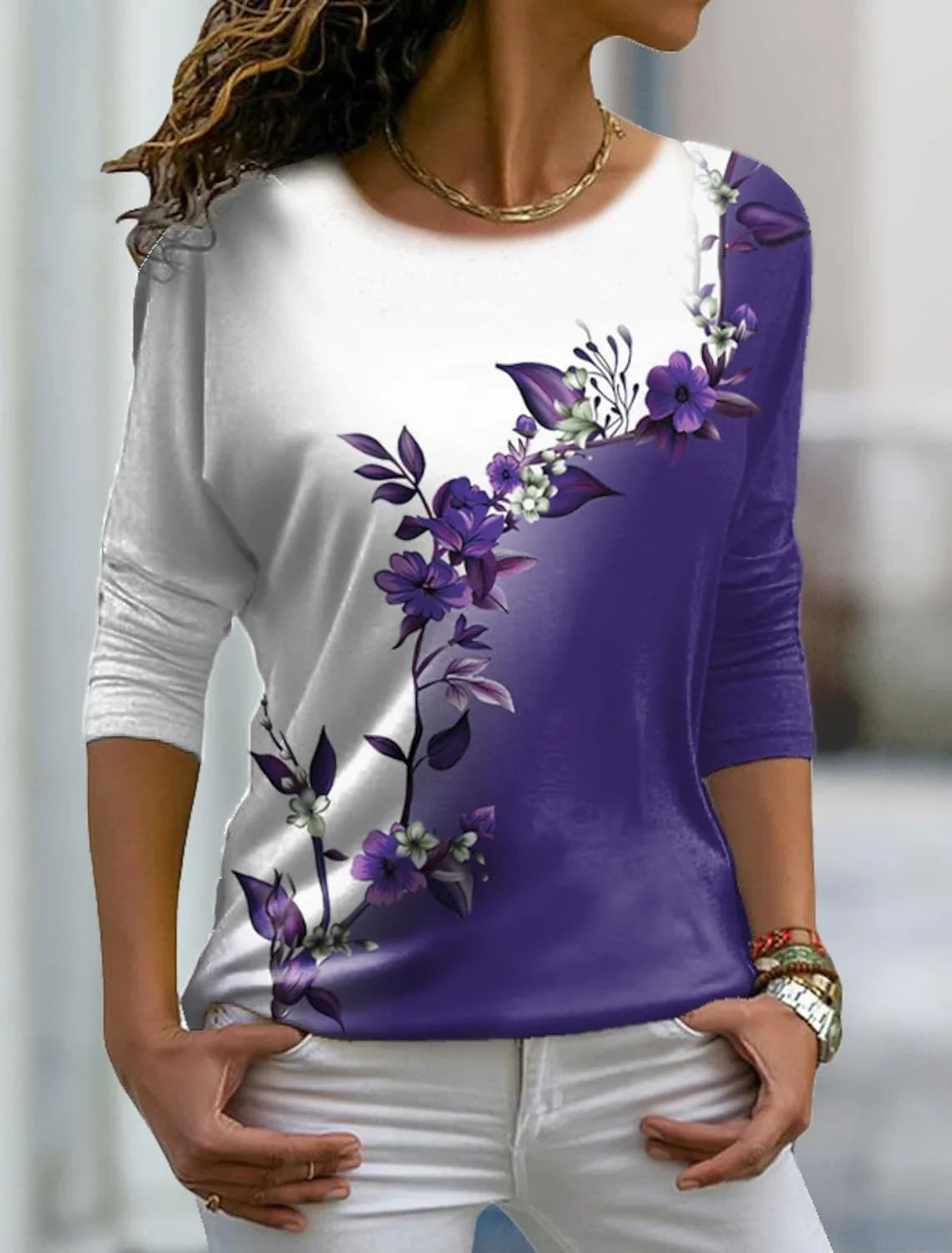 Autumn versatile long sleeved womens Tshirt with floral pattern printed regular retro casual ONeck Bohemian multicolor top 241029